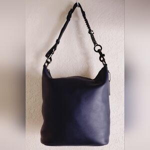 Coach Signature Chain Duffle Bucket Hobo Shoulder Bag Glovetanned Leather Navy